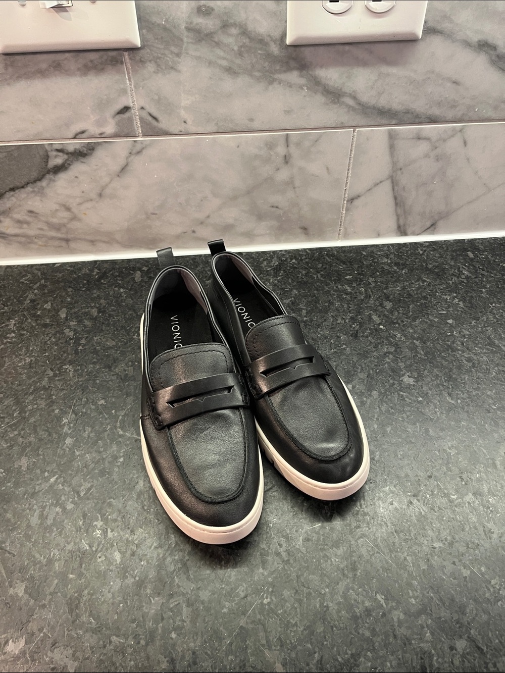 Vionic Black Leather Slip-On Loafers with White Sole